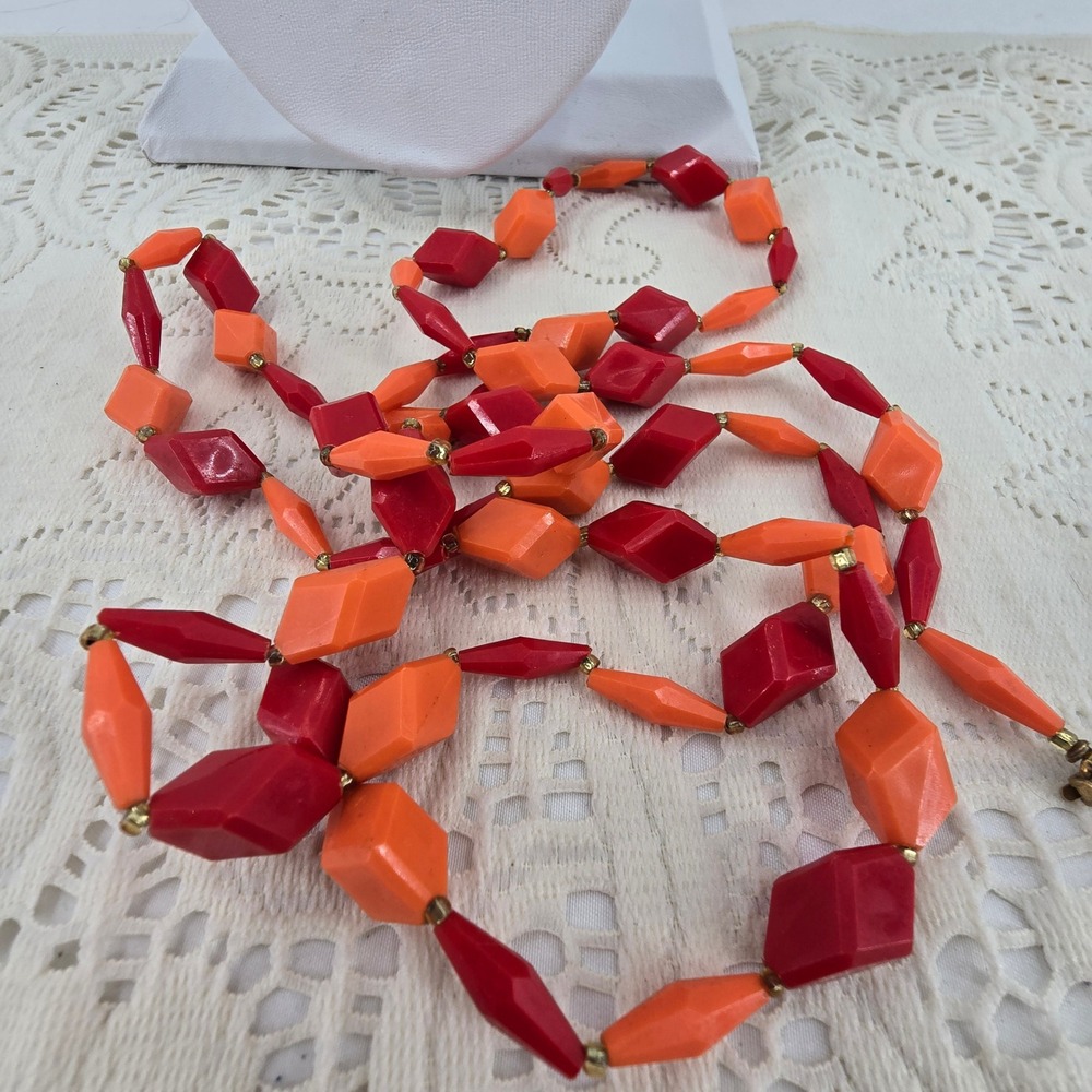 Vintage Hong Kong Red Orange Faceted Bead Double Strand Necklace Mid Century